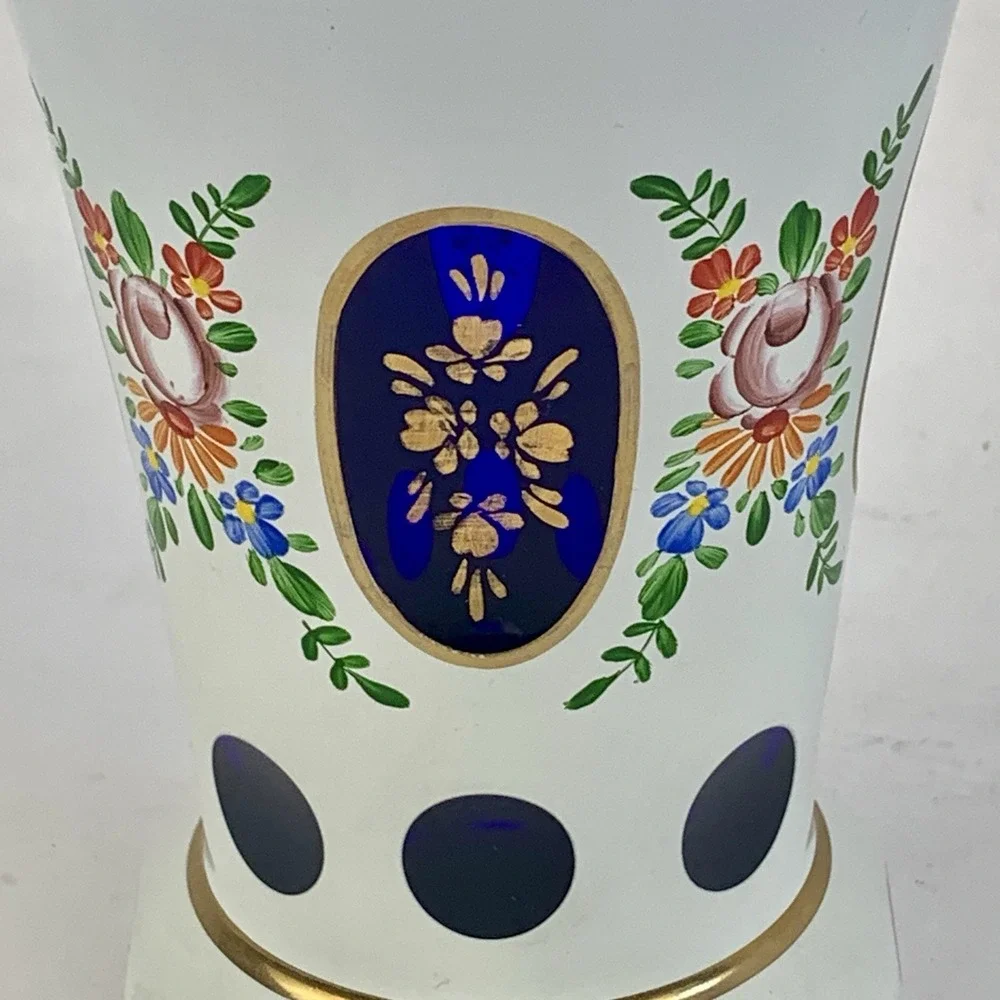 LAUSITZER GLAS Cobalt Blue Cut Crystal Vase Enameled Hand Painted Floral German